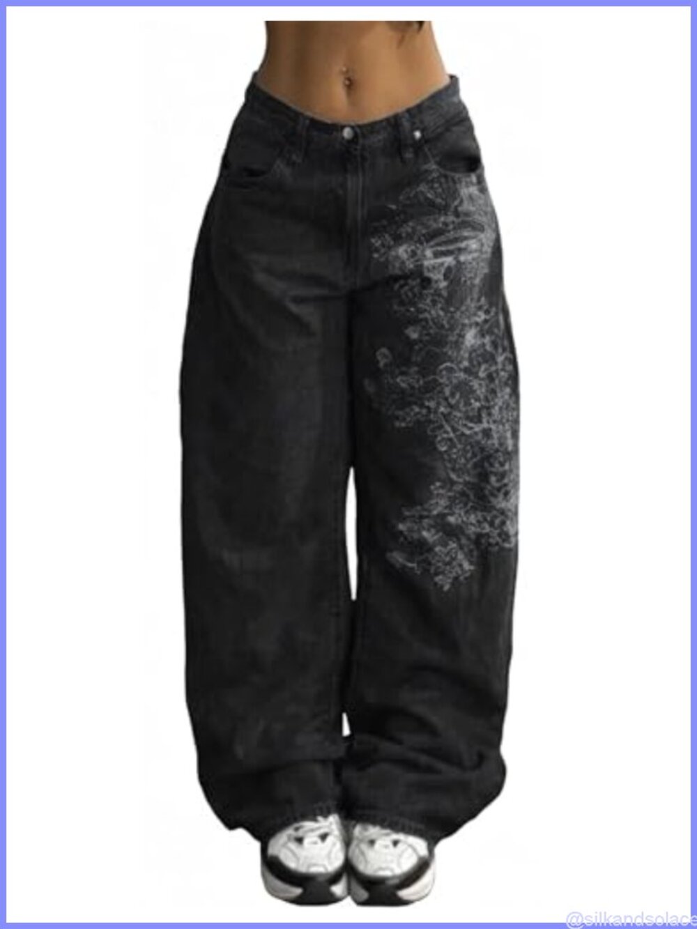 Womens Baggy Wide Leg Mid Rise Y2K Grunge Gothic Denim Jeans